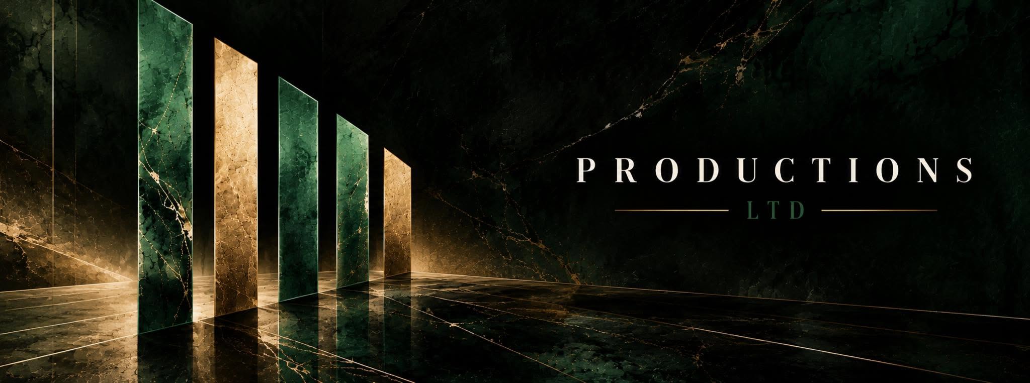 Productions LTD: green and gold marble panels on a dark reflective floor
